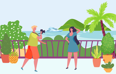Photographer photographing model. Man taking photo of girl posing near sea. Cartoon woman having rest on seaside. Person on tropical vacation standing in front of palm tree, yacht vector