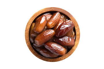 dried date fruit in wooden bowl isolated on white background. Vegan food, top view.