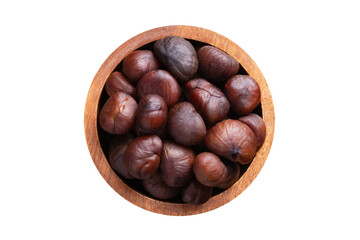 chestnut peeled roasted in wooden bowl isolated on white background. Vegan food, top view.