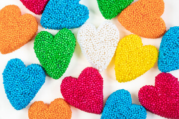 colorful heart shaped jelly candy sweets as a background for valentines