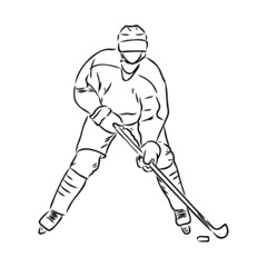 Ice hockey player, isolated vector silhouette, ink drawing