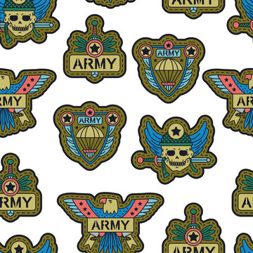 Military vector cartoon seamless pattern on a white background.