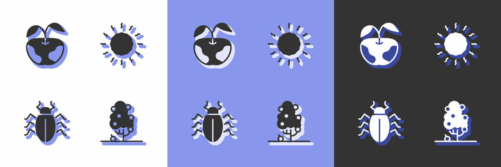 Set Fruit tree, Apple, Colorado beetle and Sun icon. Vector