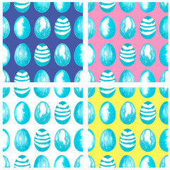 Set of seamless patterns : hand drawn turqoise easter eggs on deep blue, pink, yellow, white background. Holiday design with watercolor elements for textile, wrapping paper, card. 