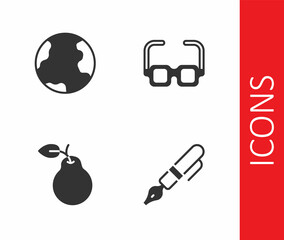 Set Fountain pen nib, Earth globe, Pear and Glasses icon. Vector