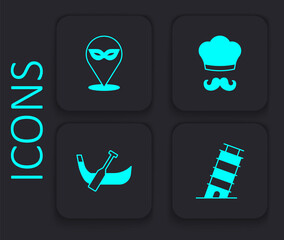 Set Leaning tower in Pisa, Carnival mask, Italian cook and Gondola boat icon. Black square button. Vector