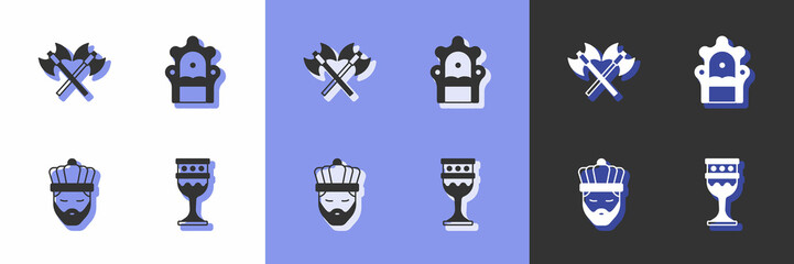 Set Medieval goblet, Crossed medieval axes, King with crown and throne icon. Vector