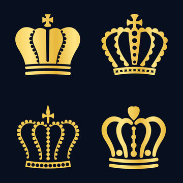 Royal gold king crowns icons. Royalty family symbol, golden queen and king diadem, majestic element of nobility and aristocracy. Heraldic jewel crown silhouette for logo isolated vector set