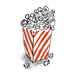 Drawing handwritten popcorn flakes in a striped box bucket, isolated square on a white background
