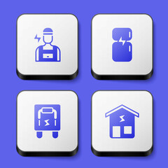 Set Electrician, Refrigerator, Electrical panel and Smart home icon. White square button. Vector