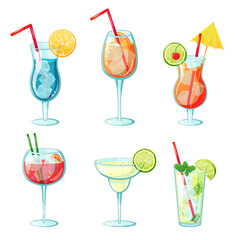 Summer alcohol drinks. Tropical cocktails in glass with citrus slices, mint leaves, ice cubes and straws. Exotic fresh beverage with lime and lemon. Margarita, mojito, sangria and blue lagoon