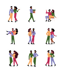 Fototapeta na wymiar Romantic lovers. Various happy couples going to date in valentine romantic day gift collections for couples garish vector flat pictures set isolated