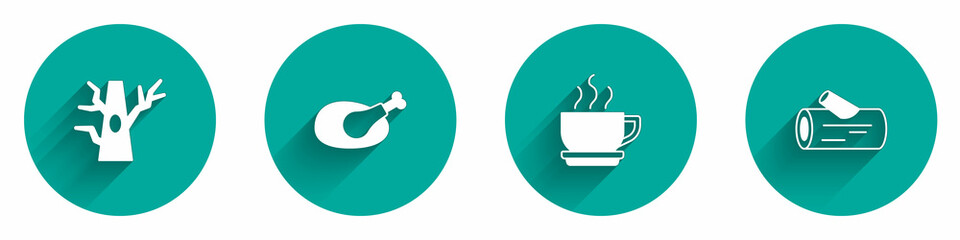 Set Bare tree, Roasted turkey or chicken, Coffee cup and Wooden log icon with long shadow. Vector