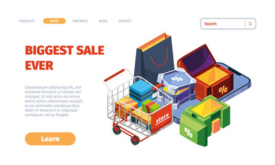 Gift landing. Business loyalty promotions web page with gifts packages colored boxes fairytale containers garish vector template with place for personal text
