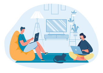 Obraz premium Work home freelance. Young man and woman working on laptop. Man sitting in chair in living room. Comfortable lifestyle in cozy interior. Remote workplace in house with cat pet vector