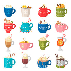 Christmas drinks. Beverages liquid products in decorative cup various delicious hot drinks cappuccino and tea recent vector pictures collection