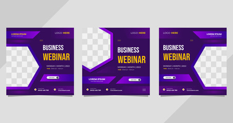 Set of business webinar social media template with purple geometric background and hexagon frame