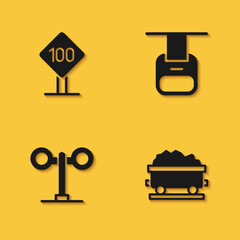 Set Speed limit traffic sign 100 km, Coal train wagon, Train light and Cable car icon with long shadow. Vector