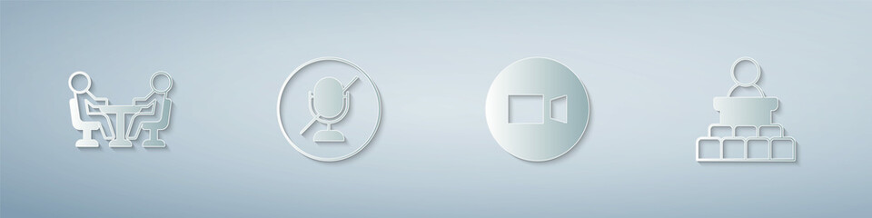 Set Meeting, Mute microphone, Video chat conference and Speaker. Paper art style. Vector