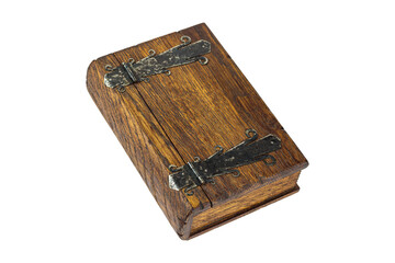 old book in a wooden cover, isolated, white background