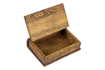wooden old casket opened on white background