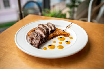 Roast duck cut into pieces served with pumpkin sauce on a plate. Diet duck, healthy eating concept