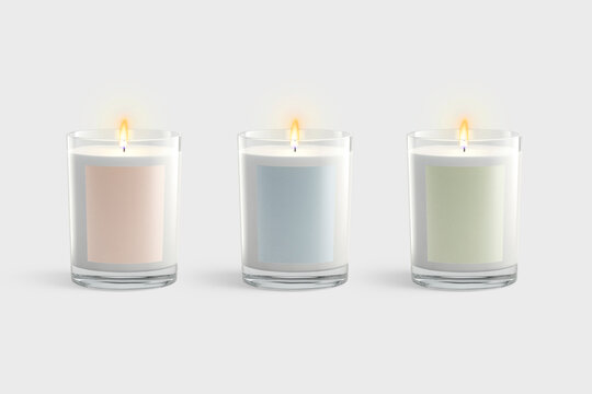 Blank white candle in glass jar with colored label mockup