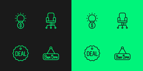 Set line From 9 to 5 job, Deal, Light bulb with dollar and Office chair icon. Vector