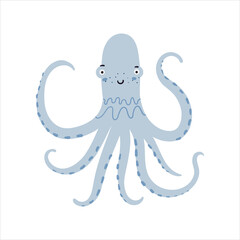 Cute little blue octopus vector illustration. Funny hand drawn sea character. Happy animal isolated on white background. Childish t shirt print design
