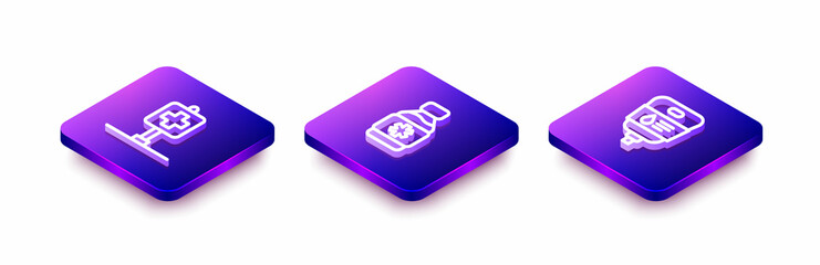 Set Isometric line Location hospital, Bottle of medicine syrup and IV bag icon. Vector