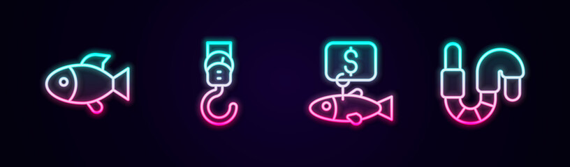 Set line Fish, Spring scale, Price tag for fish and Worm. Glowing neon icon. Vector