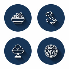 Set line Pasta spaghetti, Map of Italy, Ice cream in the bowl and Pizza with long shadow. Blue circle button. Vector