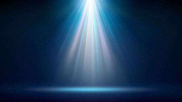 Spotlight background. Illuminated blue stage. Backdrop for displaying products. Bright beams of spotlights, shimmering glittering particles, a spot of light. Vector illustration