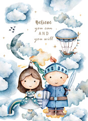 prince and princess, mystical story, balloons, outdoor activities, castle, rainbow, sunny day vintage style watercolor, pastel color watercolor set