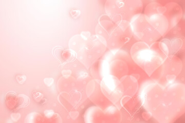 Valentines or wedding day card template. Abstract delicate love romantic holiday gradient pink orange background texture with hearts. Beautiful backdrop with space.