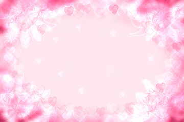 Valentines day card template. Abstract festive blur bright pink pastel background with a frame and hearts bokeh made for valentine or wedding card. Space for design. Card concept.