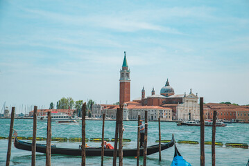 gondolas boats in bay of venice city