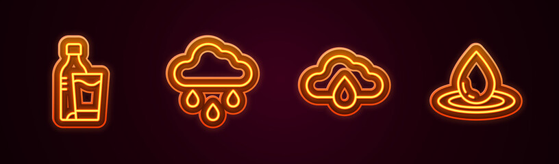 Set line Bottle of water with glass, Cloud rain, and Water drop. Glowing neon icon. Vector