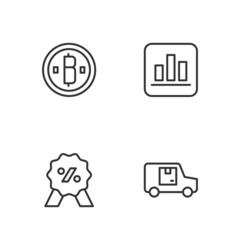 Set line Delivery cargo truck, Discount percent tag, Cryptocurrency coin Bitcoin and Pie chart infographic icon. Vector