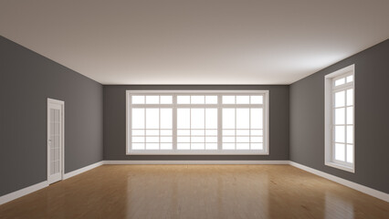 Empty Room with Glossy Parquet Floor, White Plinth, Gray Walls, Large Full Wall Window, a White Door and a Window Opposite. 3D Illustration with a Work Path on Windows. 8K Ultra HD