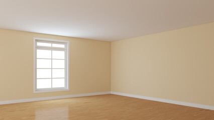 Empty Interior Corner with Beige Walls, White Window, Light Glossy Parquet Floor and a White Plinth. Perspective View. 3D Illustration with a Work Path on Window, 7680x4320, 300 dpi