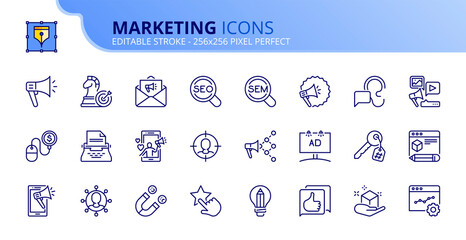 Simple set of outline icons about marketing. Communication concept.