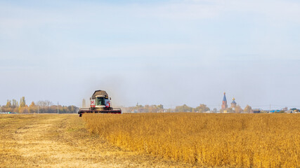 Combine Harvester Working on a Field. Seasonal Harvesting the Wheat, Soy. Agriculture. Farm. Crop. Agrarian business. Industry 