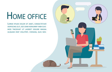Short hair woman doing work at home to prevent covid-19. Sits on sofa looking at laptop and contacting colleagues via online chat. Online home office concept. EPS10 vector illustration.