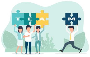 Colleagues are assembling puzzles. Businessman holding characters T, E, A, M, waiting for M to assemble other characters. Vector illustration Eps10.