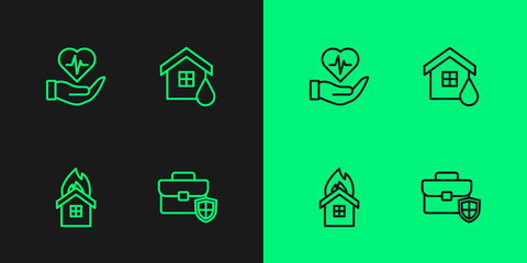 Set line Briefcase with shield, Fire in burning house, Life insurance hand and House flood icon. Vector