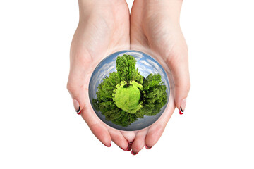 Concept Ecology and Protection Environment. Earth Day Celebration. Female Hands hold a 3d Green Planet with a trees, grass and blue sky, isolated on white background.