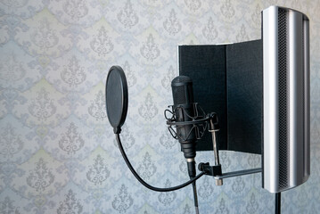 Microphone close up, professional audio recording background, podcast or music backdrop