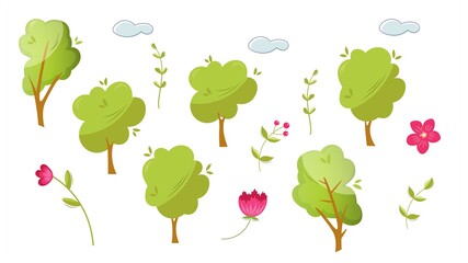 Set of flat forest or garden elements: trees, herbs, flowers isolated on transparent background. Botanical collection. Vector park assets in 2D cartoon, illustrator.Decorative folklore composition.
