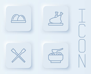 Set line Sushi, Roasted turkey or chicken, Food chopsticks and Ramen soup bowl. White square button. Vector